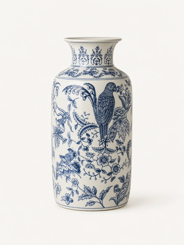 Blue and White Parrot Motif Porcelain Vase