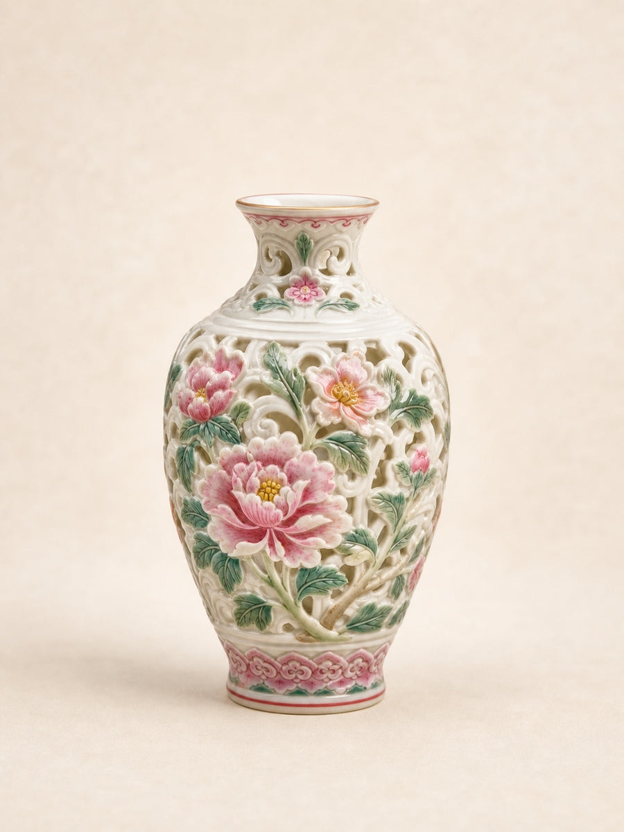 Famille Rose Carved Porcelain Mini Vase