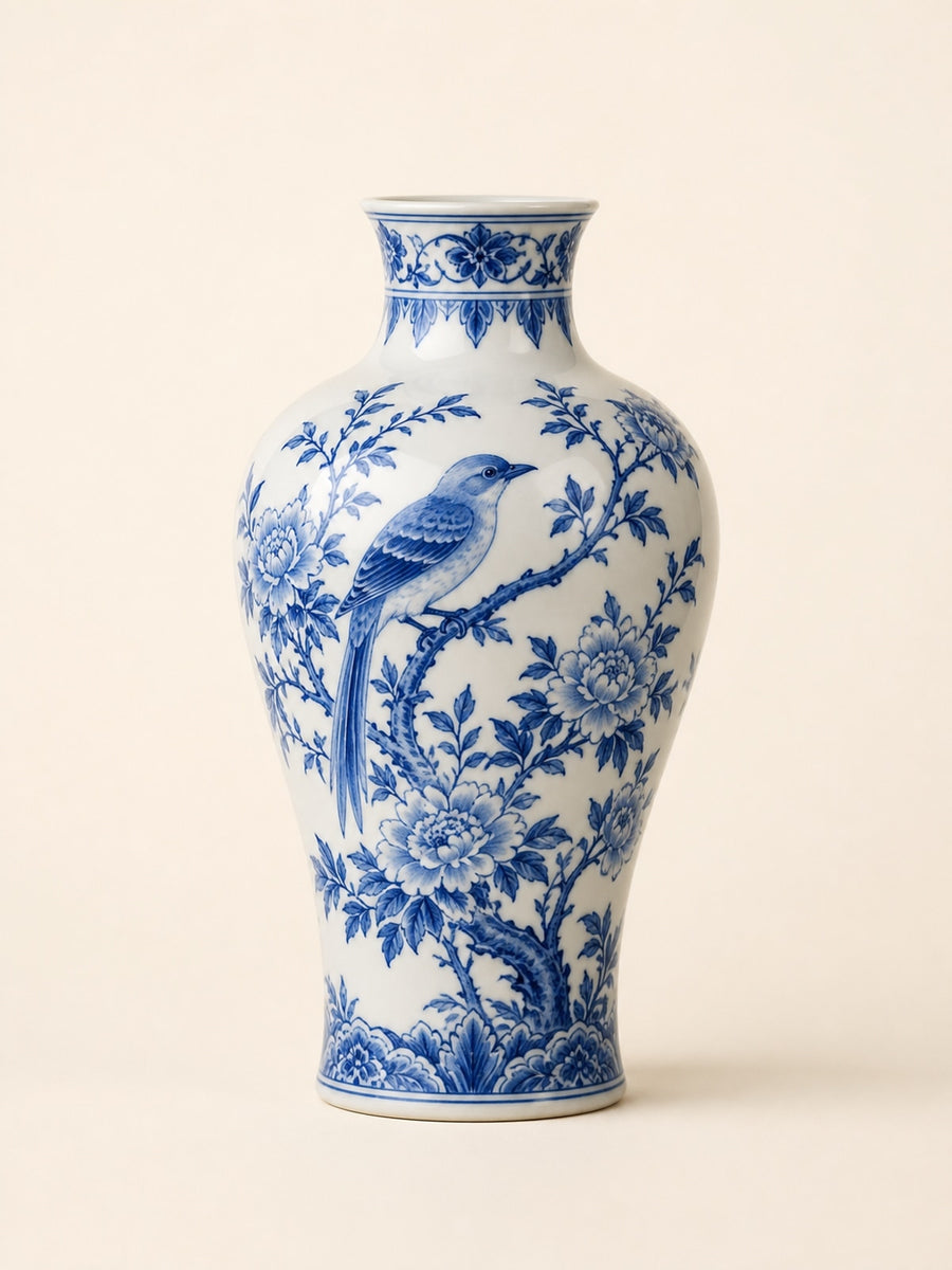 Hand-Painted Blue and White Bird Porcelain Vase