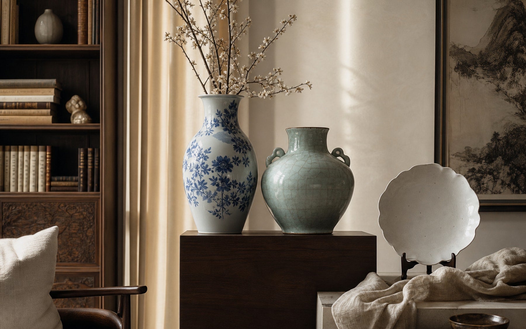 Porcelain and artisan objects styled in a luxury collected home