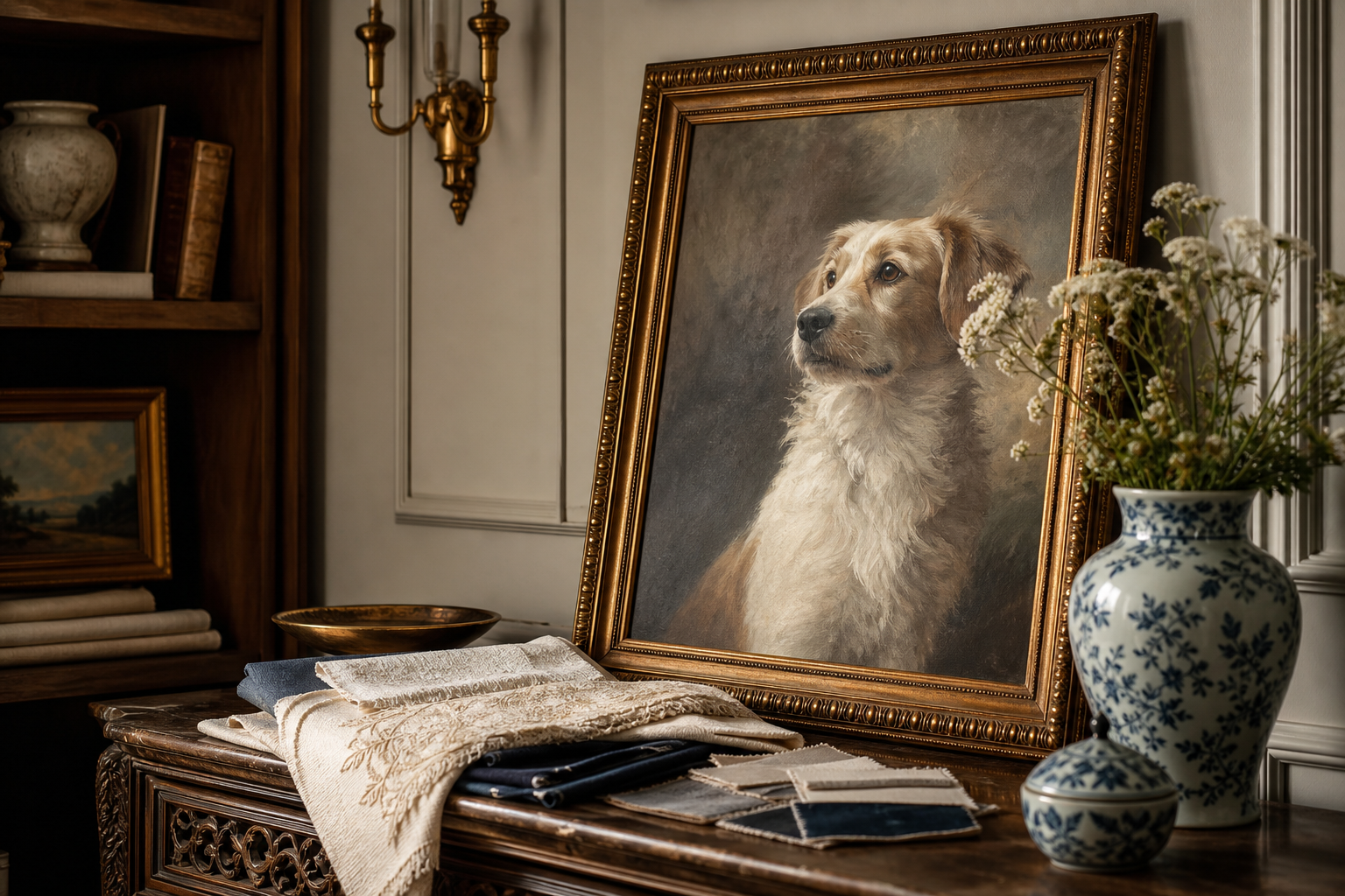 Custom atelier with framed oil portrait
