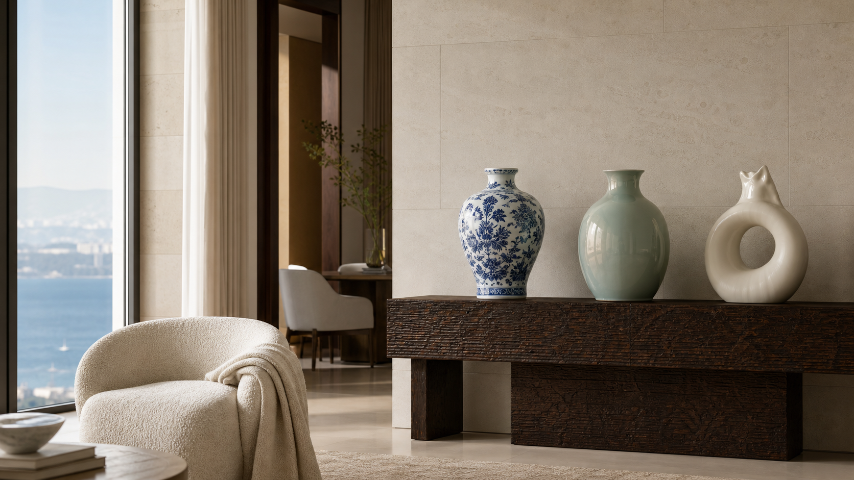 Porcelain vases styled in a luxury penthouse interior